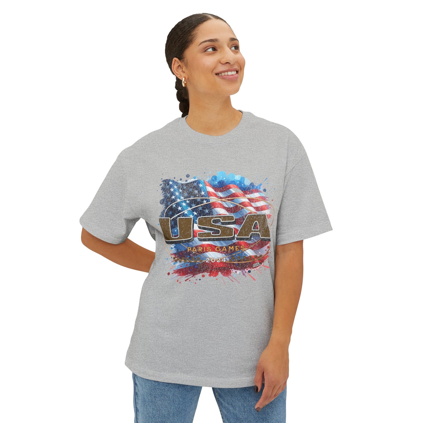 Classic American Flag Red White and Blue Boxy Oversized Cotton T-Shirt Deep Gold USA