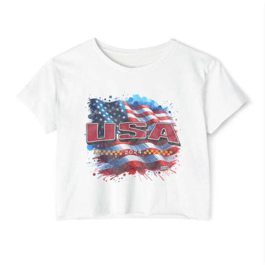 Classic American Flag Red USA Red White Blue Raw-Edge Festival Crop Top Soft T-Shirt