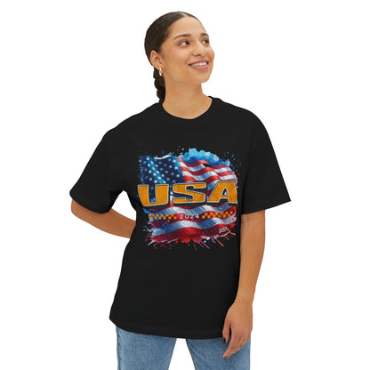 Classic American Flag Red White and Blue Boxy Oversized Cotton T-Shirt Gold USA