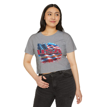 Classic American Flag Red USA Red White Blue Raw-Edge Festival Crop Top Soft T-Shirt