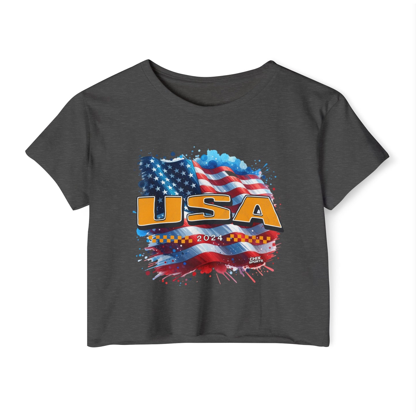 Classic American Flag Bright Gold USA Red White Blue Raw-Edge Festival Crop Top Soft T-Shirt