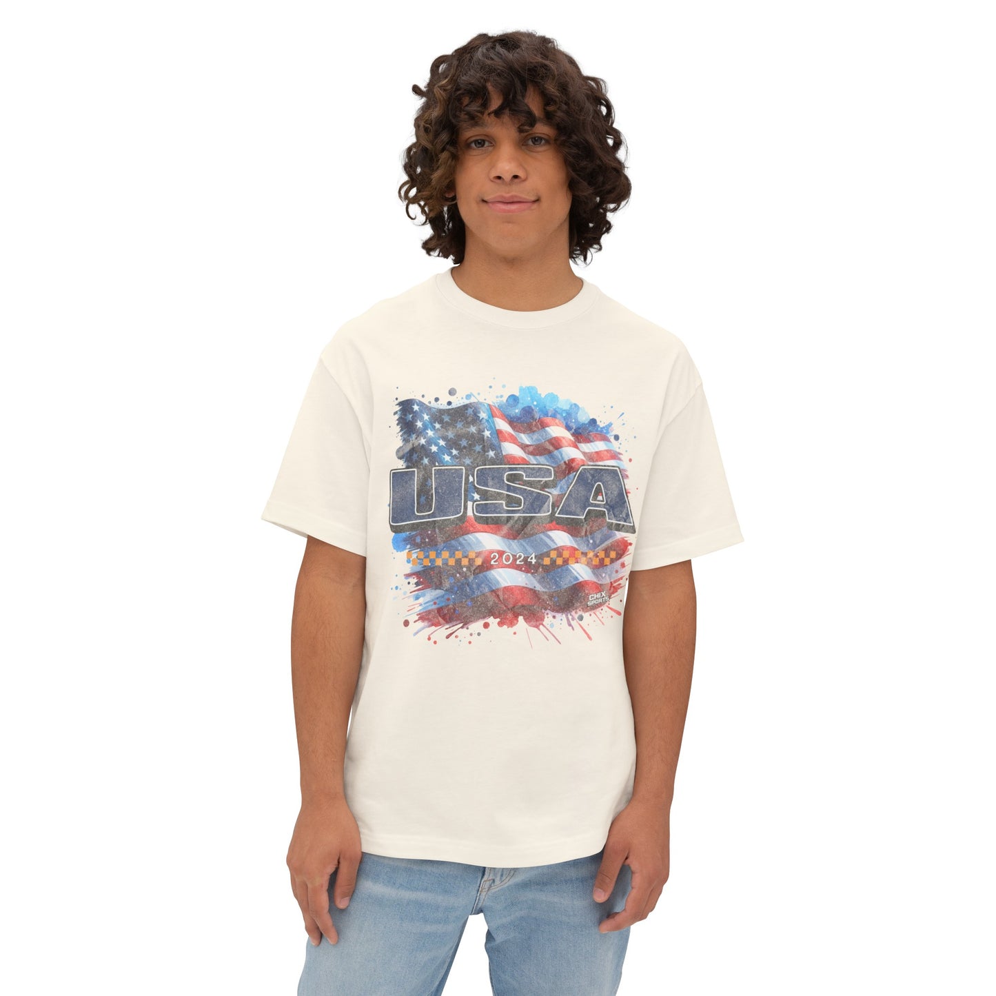 Classic American Flag Red White and Blue Boxy Oversized Cotton T-Shirt Blue USA