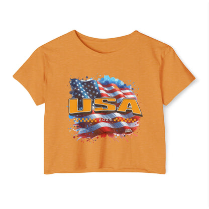 Classic American Flag Bright Gold USA Red White Blue Raw-Edge Festival Crop Top Soft T-Shirt