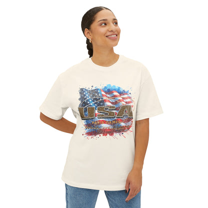 Classic American Flag Red White and Blue Boxy Oversized Cotton T-Shirt Deep Gold USA