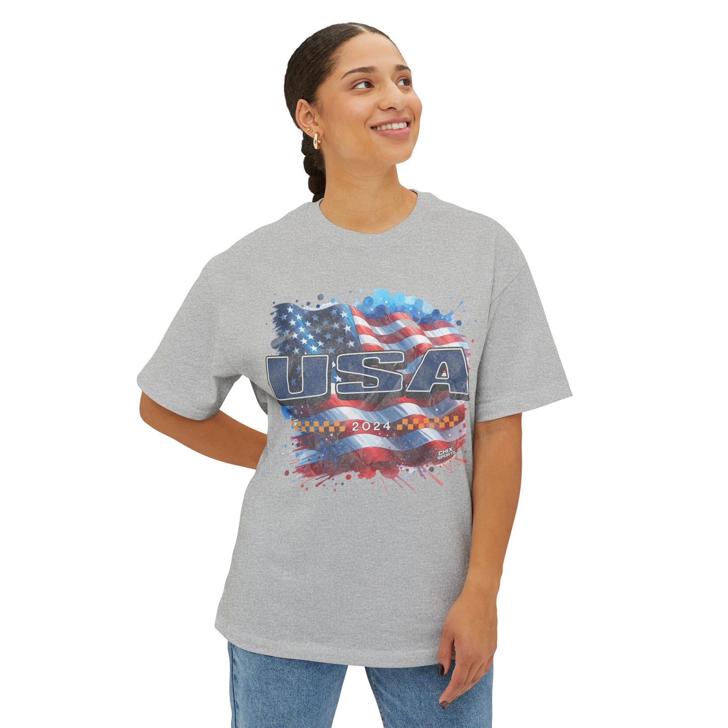 Classic American Flag Red White and Blue Boxy Oversized Cotton T-Shirt Blue USA