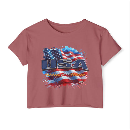 Classic American Flag Blue USA Red White Blue Raw-Edge Festival Crop Top Soft T-Shirt