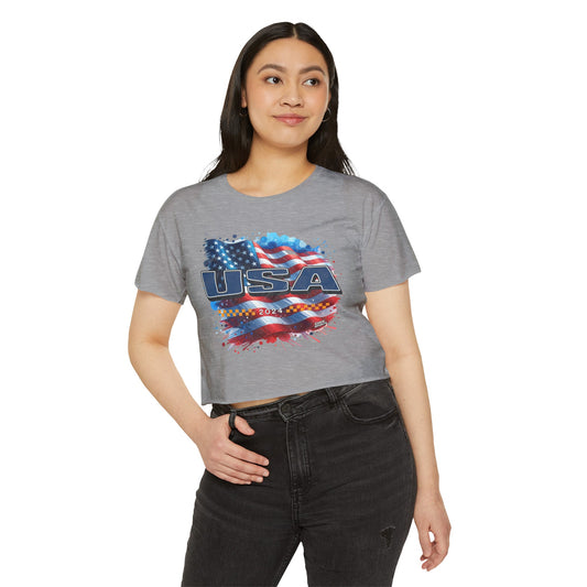 Classic American Flag Blue USA Red White Blue Raw-Edge Festival Crop Top Soft T-Shirt