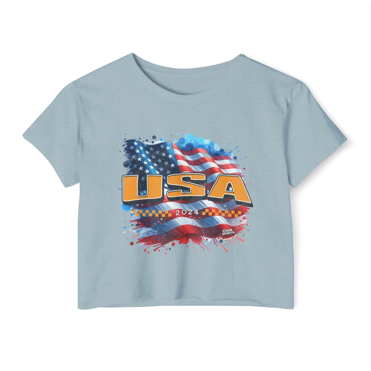 Classic American Flag Bright Gold USA Red White Blue Raw-Edge Festival Crop Top Soft T-Shirt