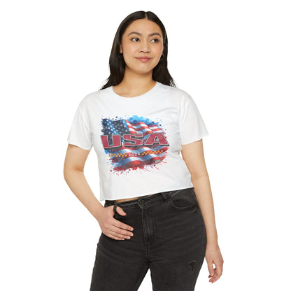 Classic American Flag Red USA Red White Blue Raw-Edge Festival Crop Top Soft T-Shirt