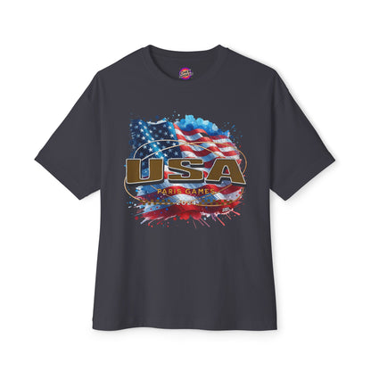 Classic American Flag Red White and Blue Boxy Oversized Cotton T-Shirt Deep Gold USA