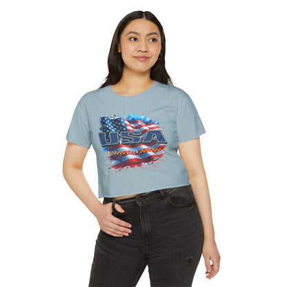 Classic American Flag Blue USA Red White Blue Raw-Edge Festival Crop Top Soft T-Shirt