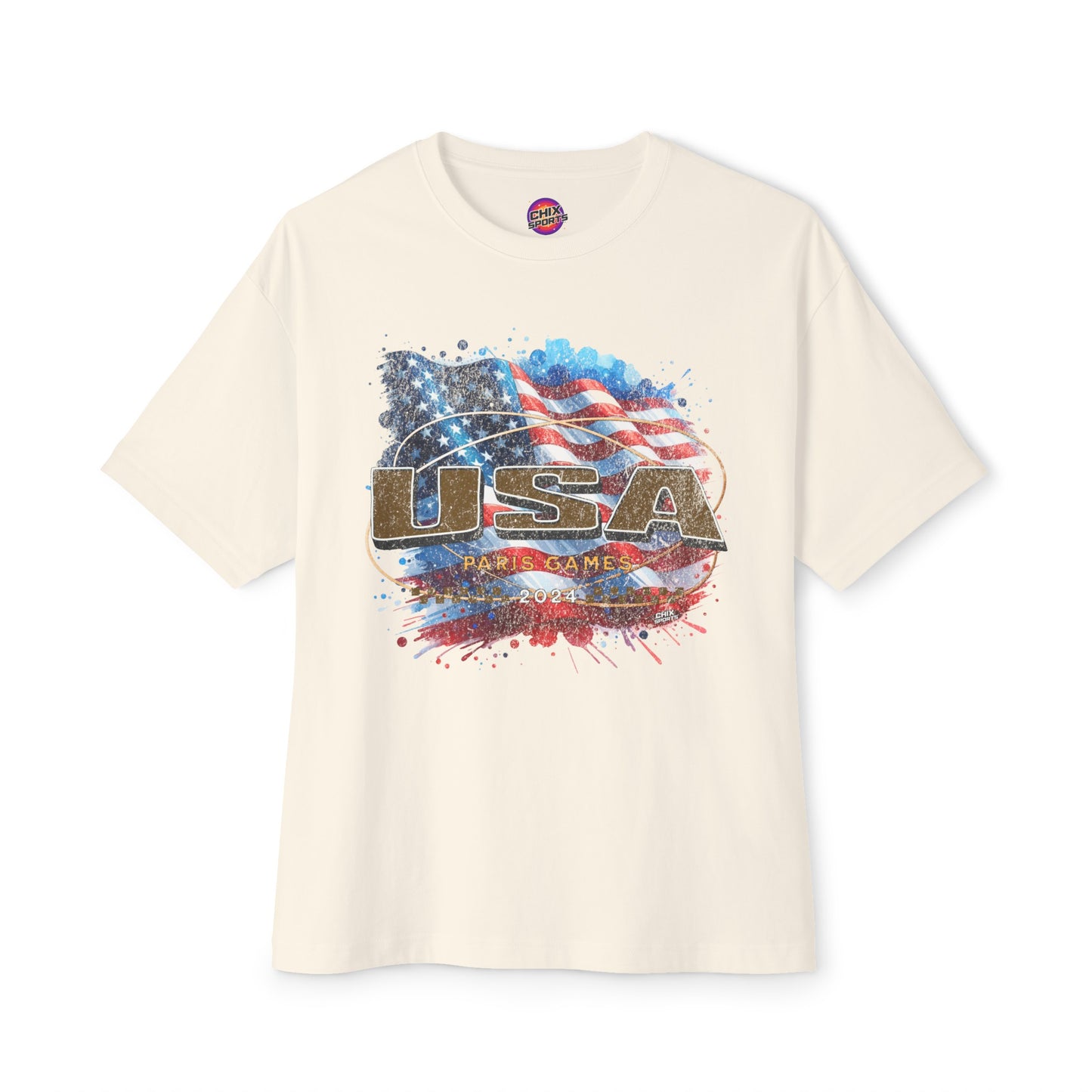 Classic American Flag Red White and Blue Boxy Oversized Cotton T-Shirt Deep Gold USA