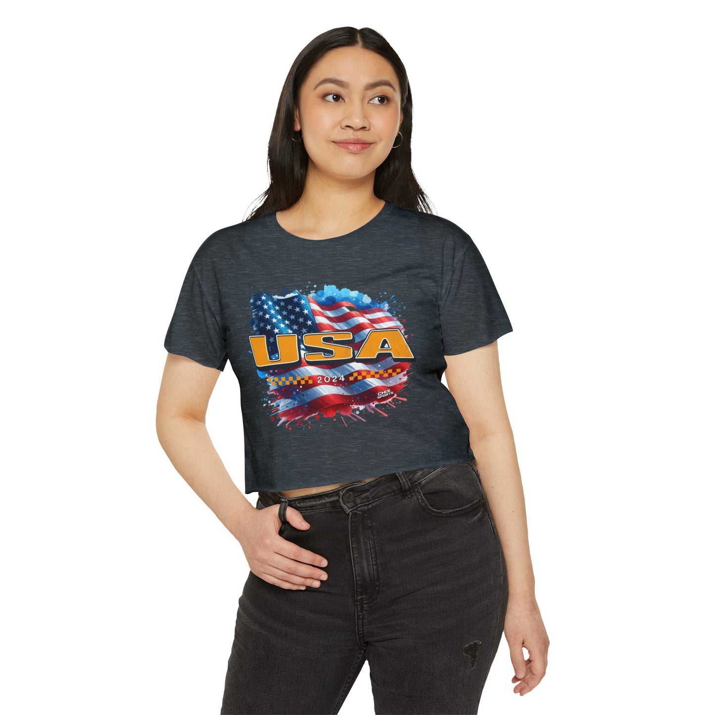 Classic American Flag Bright Gold USA Red White Blue Raw-Edge Festival Crop Top Soft T-Shirt