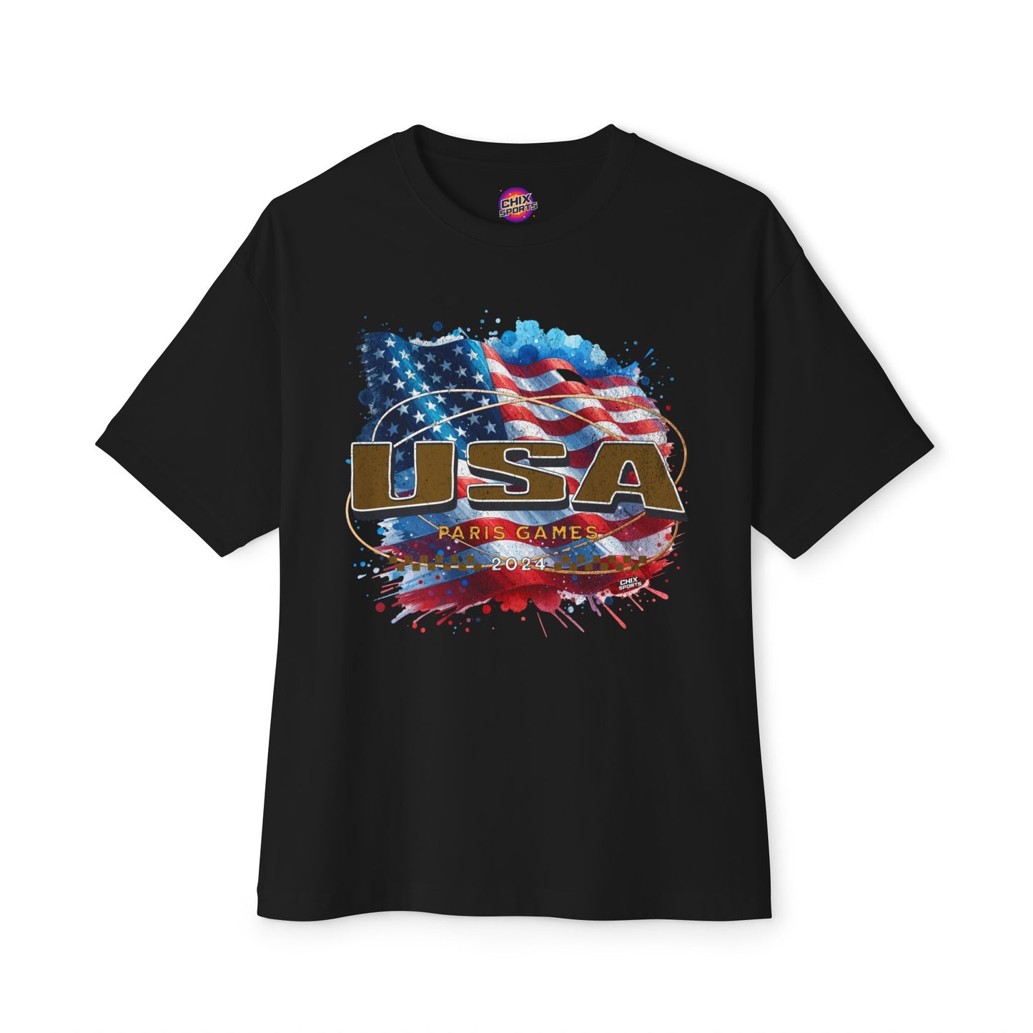 Classic American Flag Red White and Blue Boxy Oversized Cotton T-Shirt Deep Gold USA