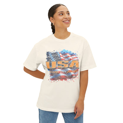 Classic American Flag Red White and Blue Boxy Oversized Cotton T-Shirt Gold USA