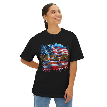 Classic American Flag Red White and Blue Boxy Oversized Cotton T-Shirt Deep Gold USA