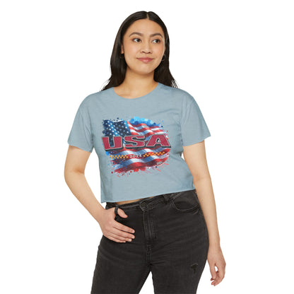 Classic American Flag Red USA Red White Blue Raw-Edge Festival Crop Top Soft T-Shirt