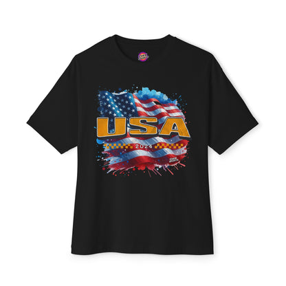 Classic American Flag Red White and Blue Boxy Oversized Cotton T-Shirt Gold USA