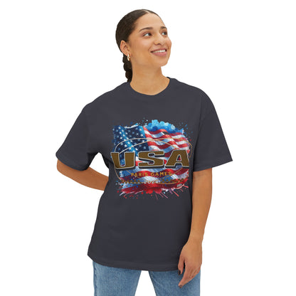 Classic American Flag Red White and Blue Boxy Oversized Cotton T-Shirt Deep Gold USA