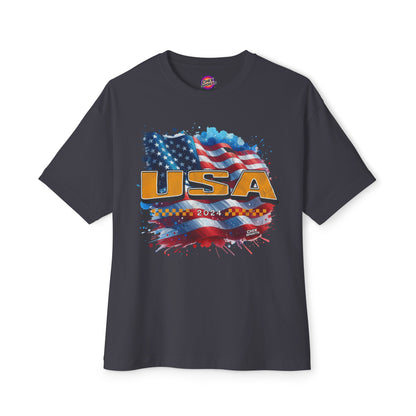 Classic American Flag Red White and Blue Boxy Oversized Cotton T-Shirt Gold USA