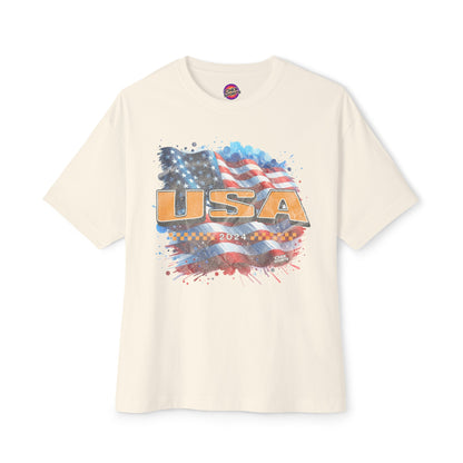 Classic American Flag Red White and Blue Boxy Oversized Cotton T-Shirt Gold USA