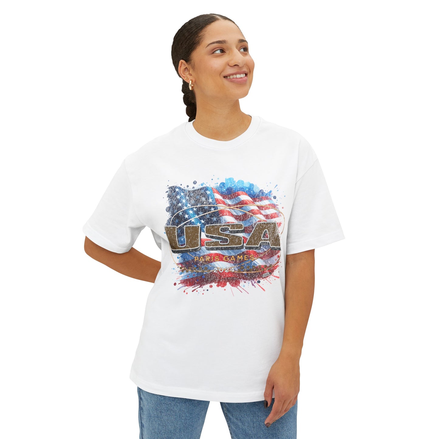 Classic American Flag Red White and Blue Boxy Oversized Cotton T-Shirt Deep Gold USA