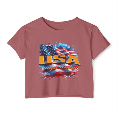 Classic American Flag Bright Gold USA Red White Blue Raw-Edge Festival Crop Top Soft T-Shirt