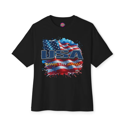 Classic American Flag Red White and Blue Boxy Oversized Cotton T-Shirt Blue USA