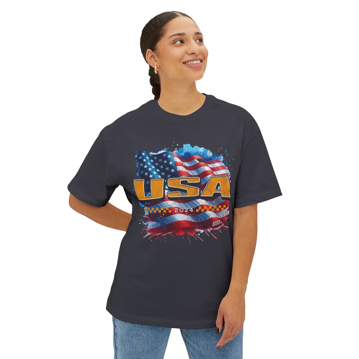 Classic American Flag Red White and Blue Boxy Oversized Cotton T-Shirt Gold USA