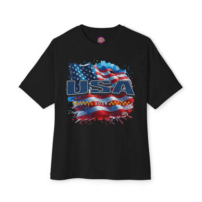 Classic American Flag Red White and Blue Boxy Oversized Cotton T-Shirt Blue USA