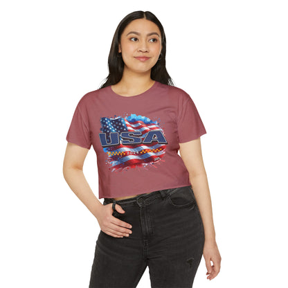 Classic American Flag Blue USA Red White Blue Raw-Edge Festival Crop Top Soft T-Shirt