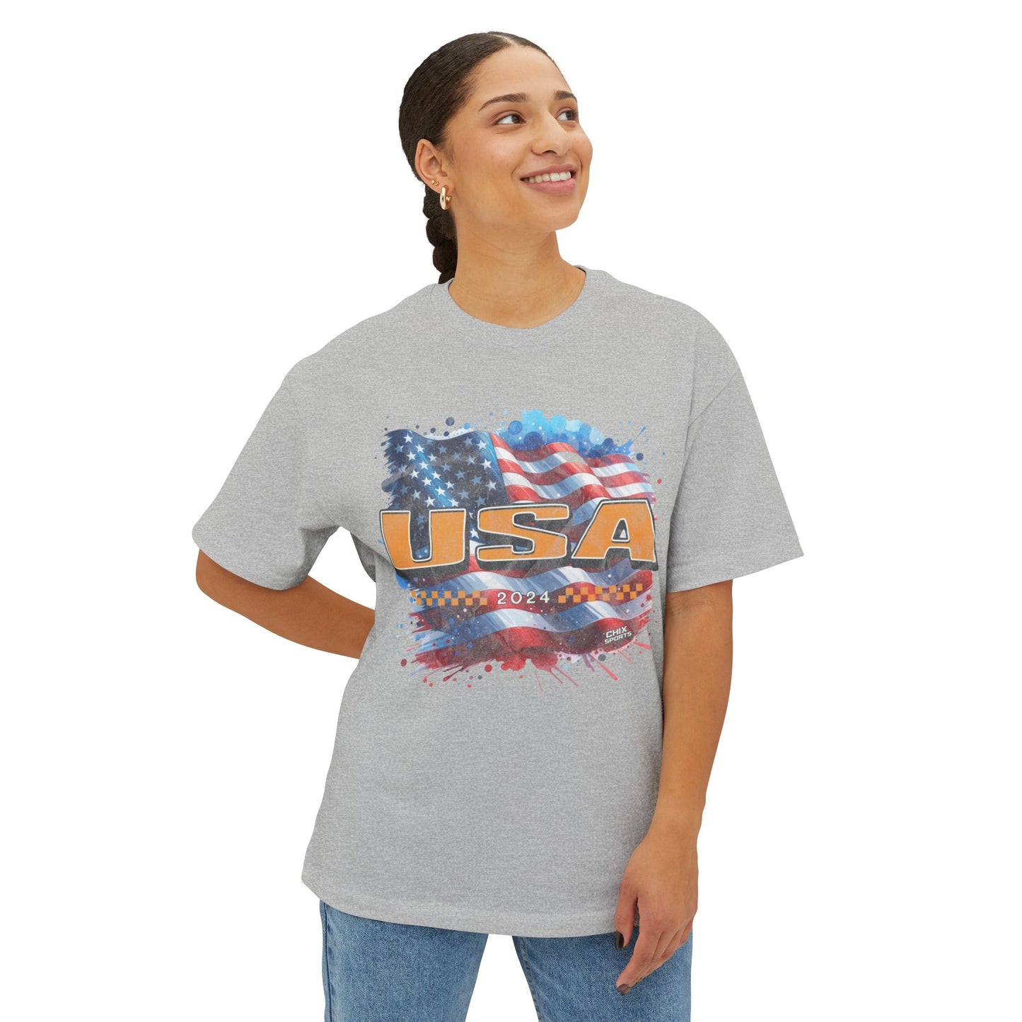 Classic American Flag Red White and Blue Boxy Oversized Cotton T-Shirt Gold USA