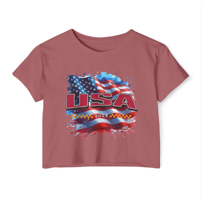 Classic American Flag Red USA Red White Blue Raw-Edge Festival Crop Top Soft T-Shirt