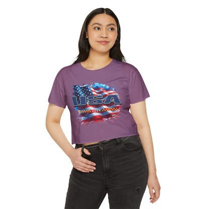 Classic American Flag Blue USA Red White Blue Raw-Edge Festival Crop Top Soft T-Shirt