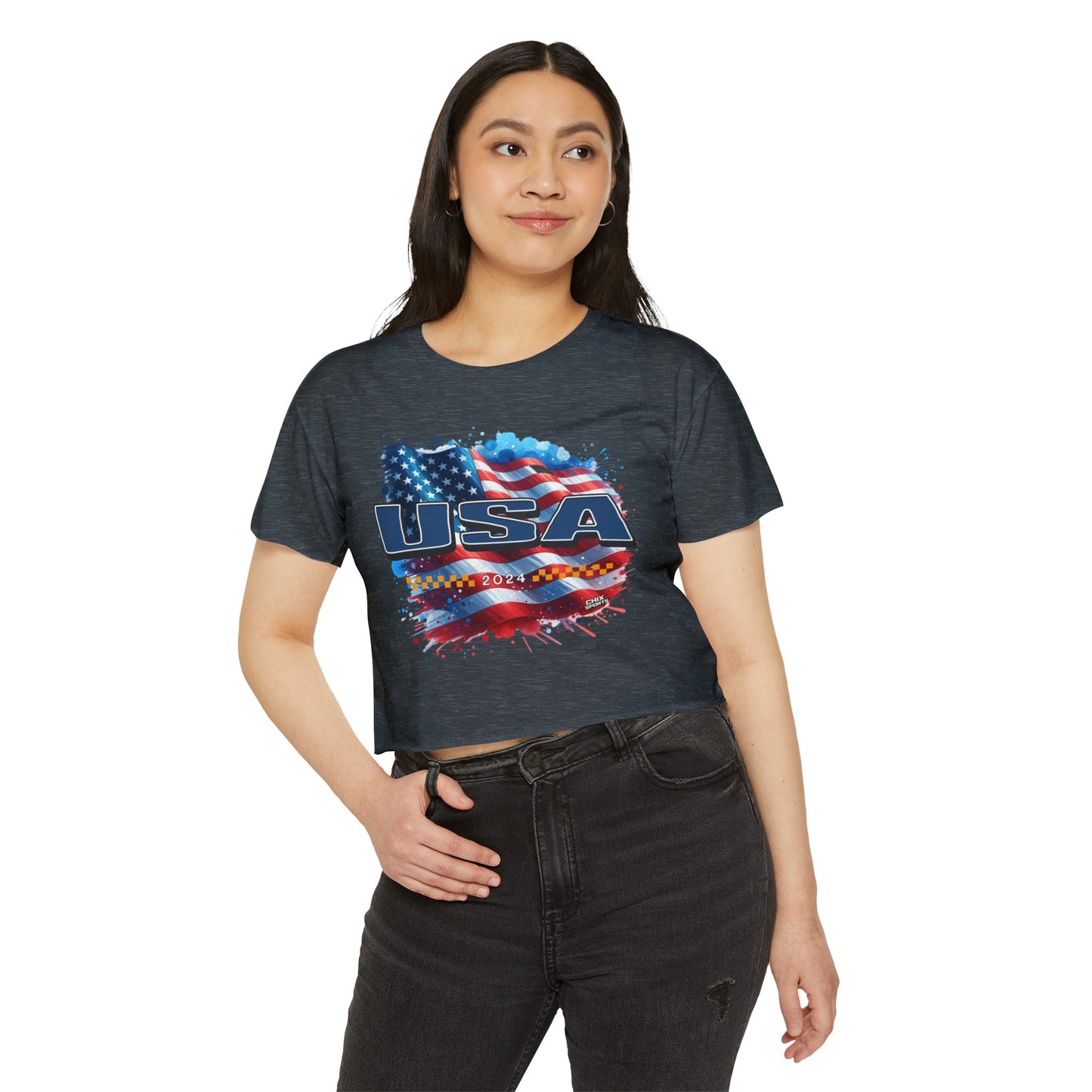 Classic American Flag Blue USA Red White Blue Raw-Edge Festival Crop Top Soft T-Shirt