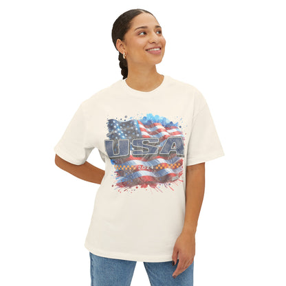 Classic American Flag Red White and Blue Boxy Oversized Cotton T-Shirt Blue USA