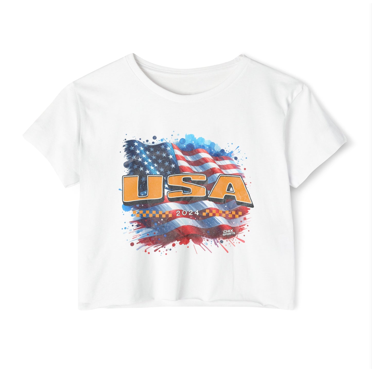 Classic American Flag Bright Gold USA Red White Blue Raw-Edge Festival Crop Top Soft T-Shirt