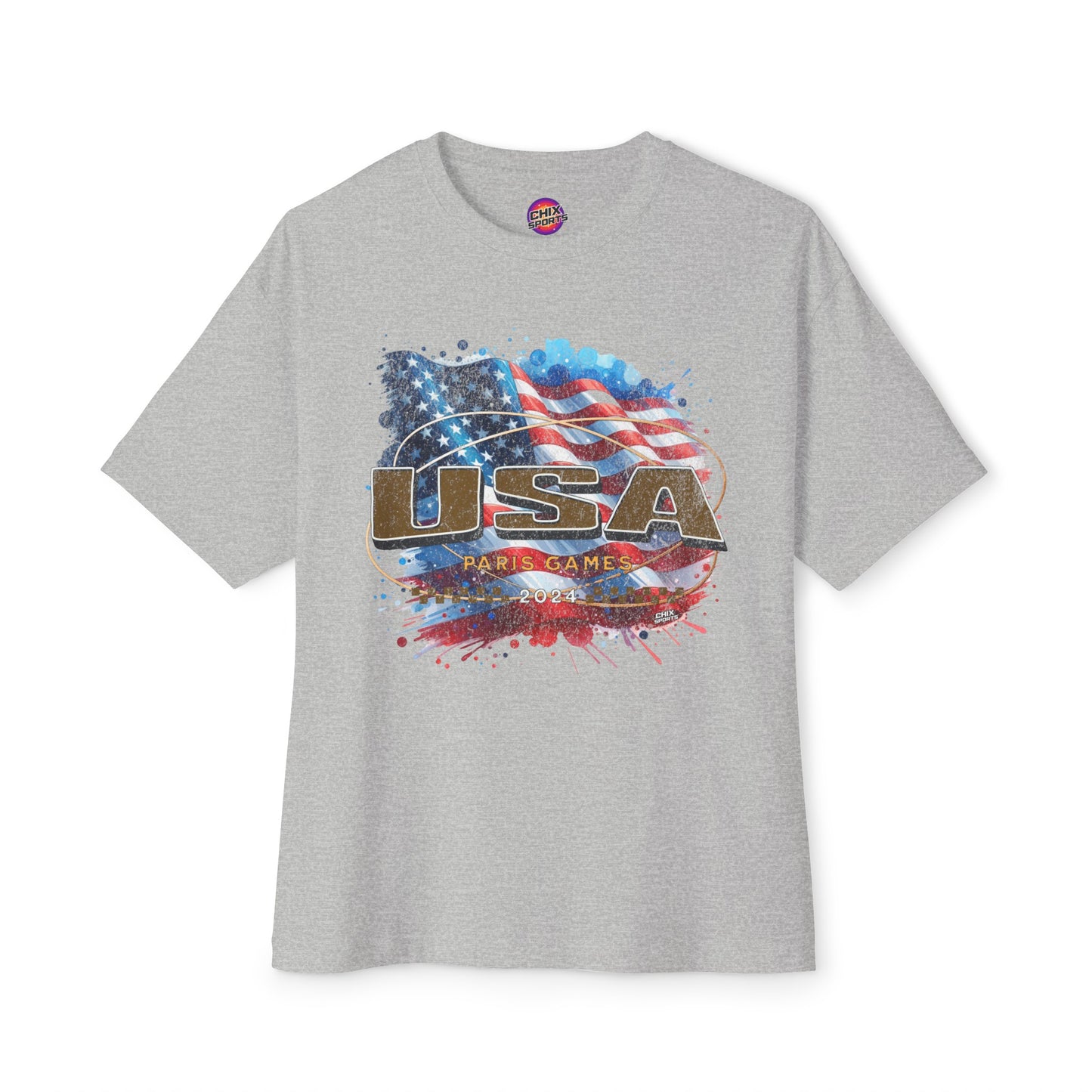 Classic American Flag Red White and Blue Boxy Oversized Cotton T-Shirt Deep Gold USA