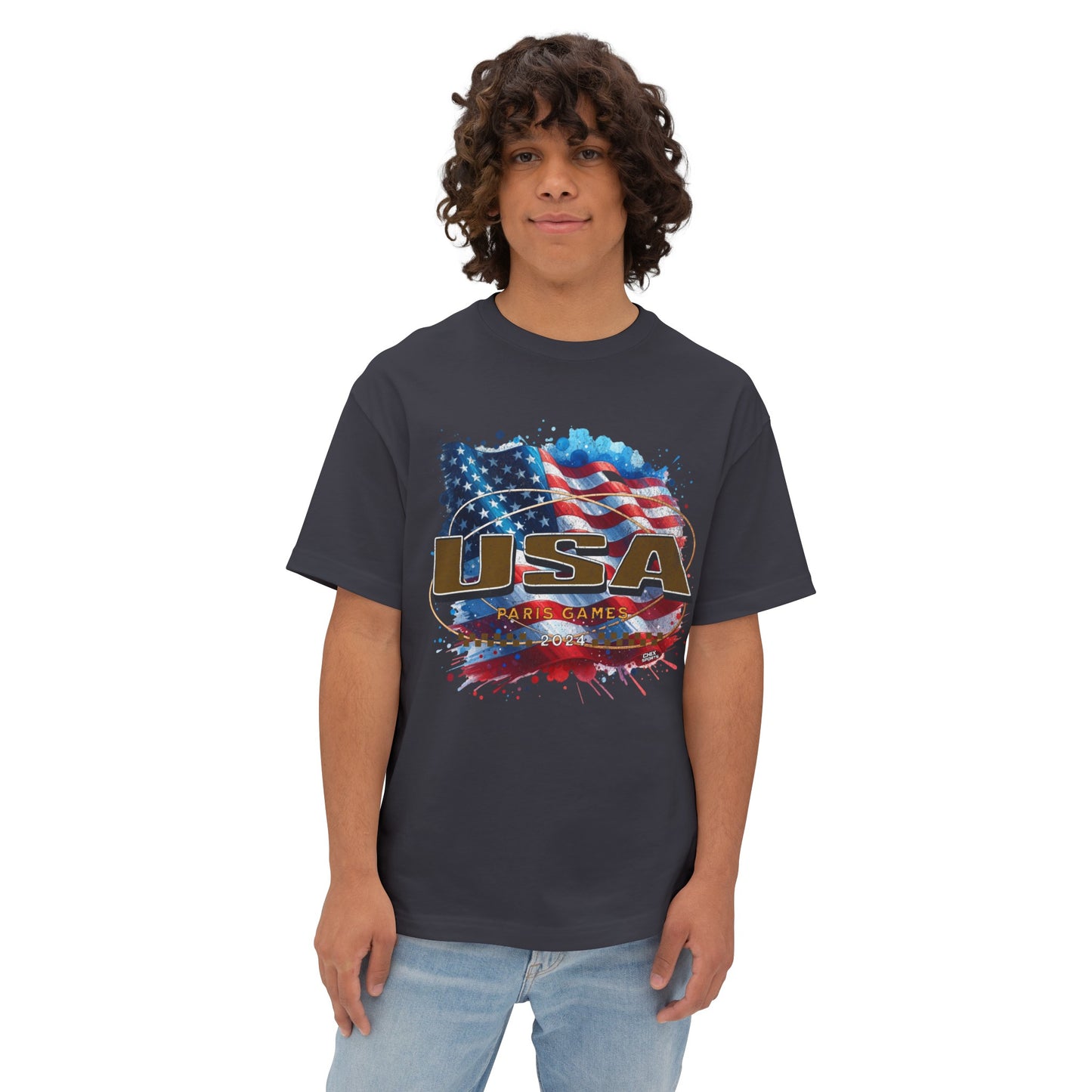 Classic American Flag Red White and Blue Boxy Oversized Cotton T-Shirt Deep Gold USA