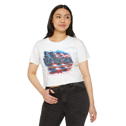 Classic American Flag Blue USA Red White Blue Raw-Edge Festival Crop Top Soft T-Shirt