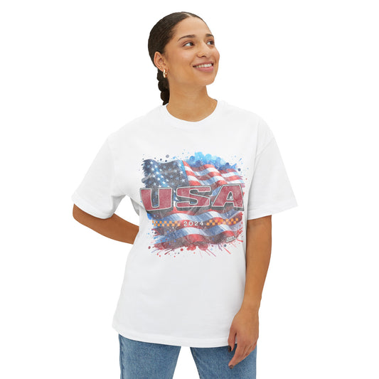 Classic American Flag Red White and Blue Boxy Oversized Cotton T-Shirt Red USA