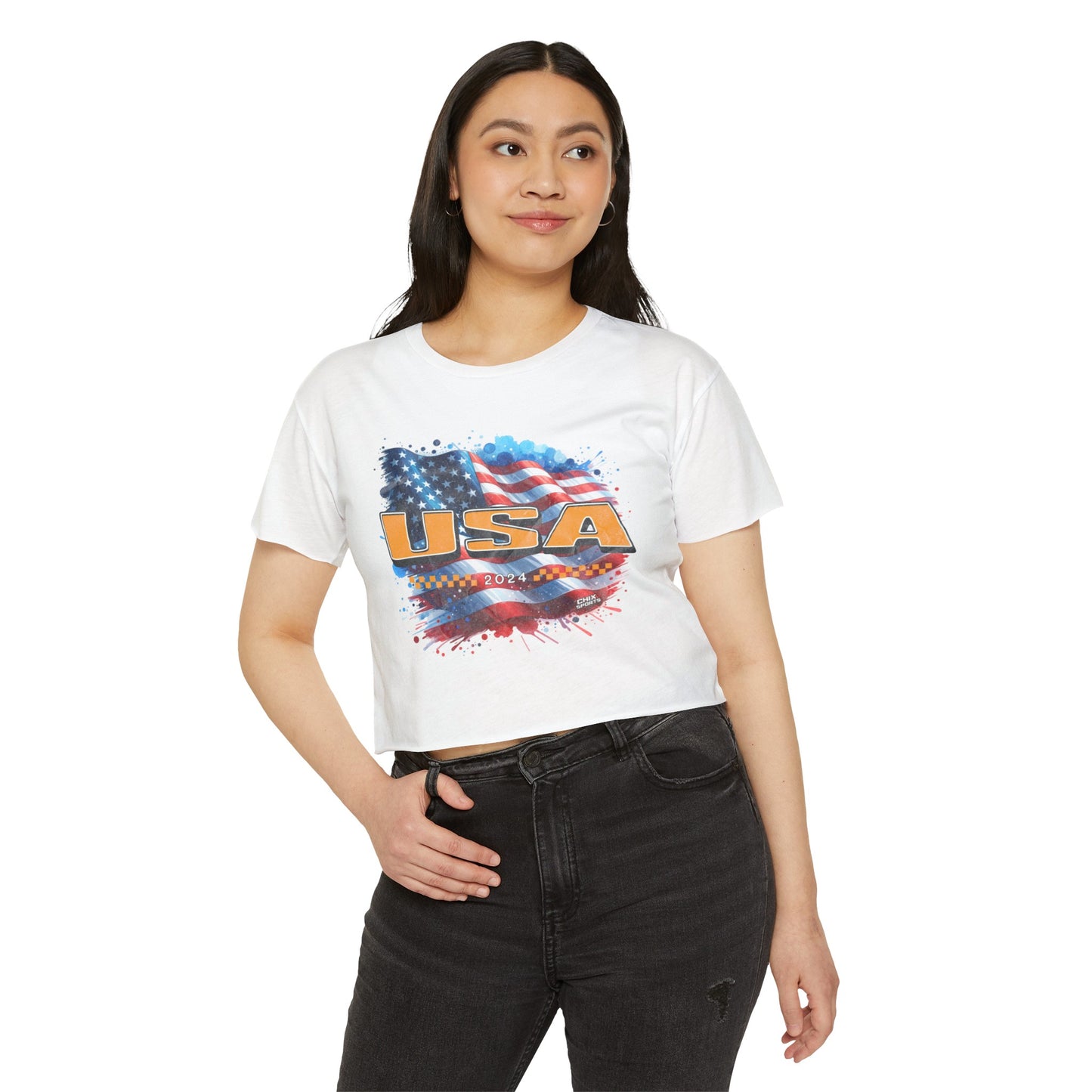 Classic American Flag Bright Gold USA Red White Blue Raw-Edge Festival Crop Top Soft T-Shirt