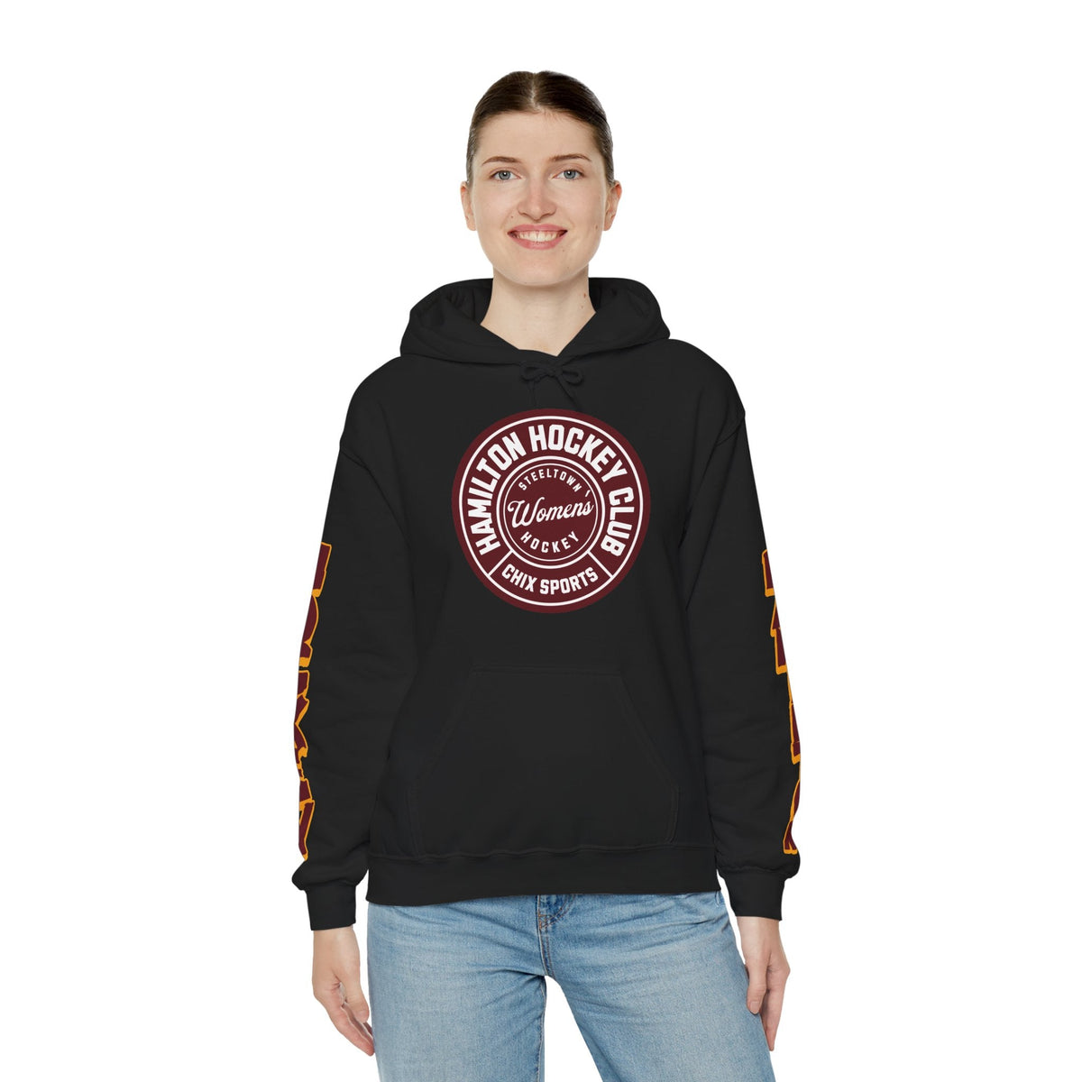 Abby Hustler Hamilton Expansion Unisex Hoodie in Gold | Chix Sports