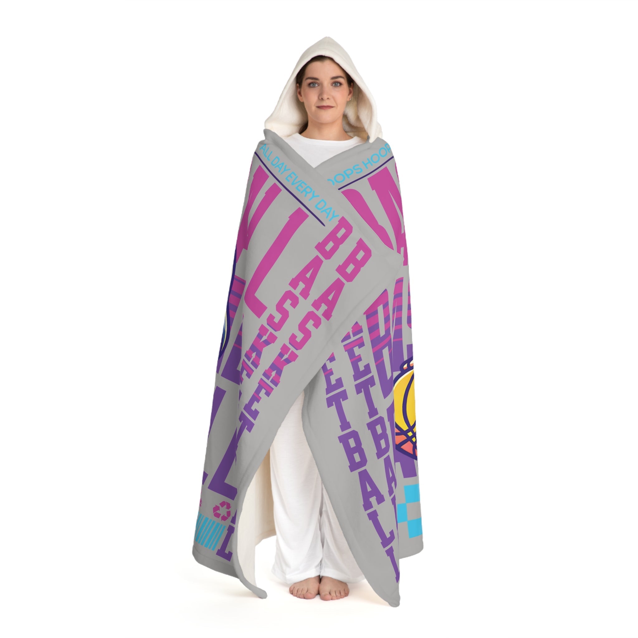 Girl's Basketball Anime Print Hooded Light Gray Sherpa Fleece Blanket | Chix Sports
